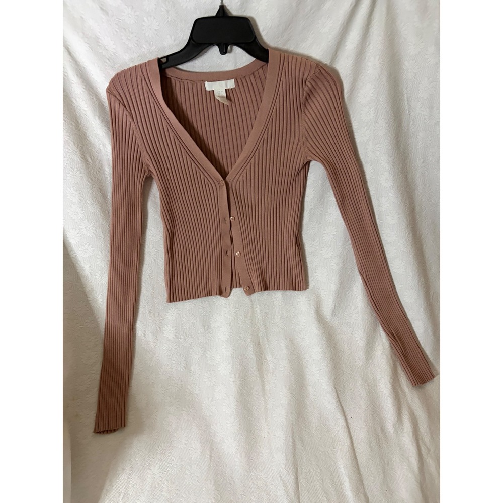 HM Coquette Balletcore 90s Ribbed Knit Cardigan Mauve Long Sleeve Cropped topXS